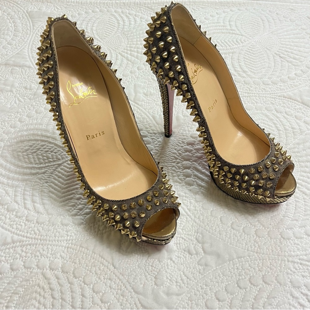 CHRISTIAN LOUBOUTIN Lady Peep Spike 150mm Gold Metallic Strass Rare Size 39 - Picture 4 of 11